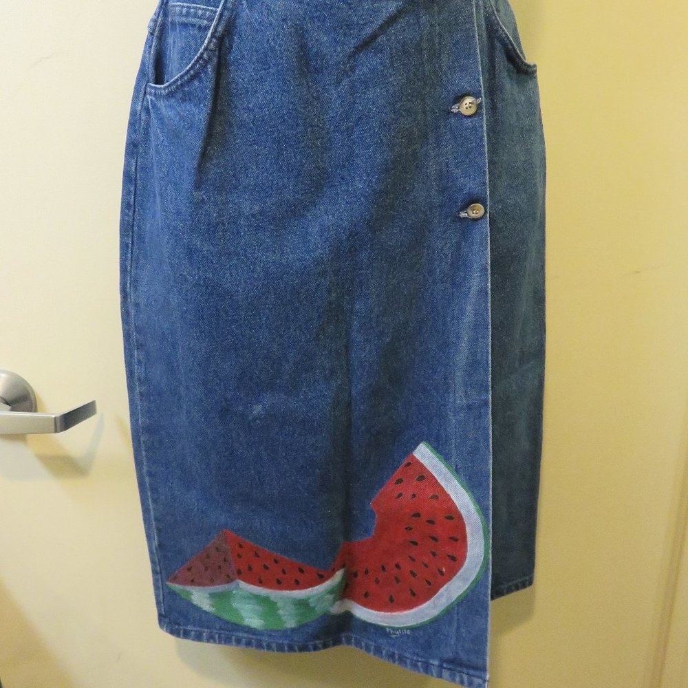 VINT DENIM JEAN SKIRT  WATERMELON DESIGN, 8 PETITE